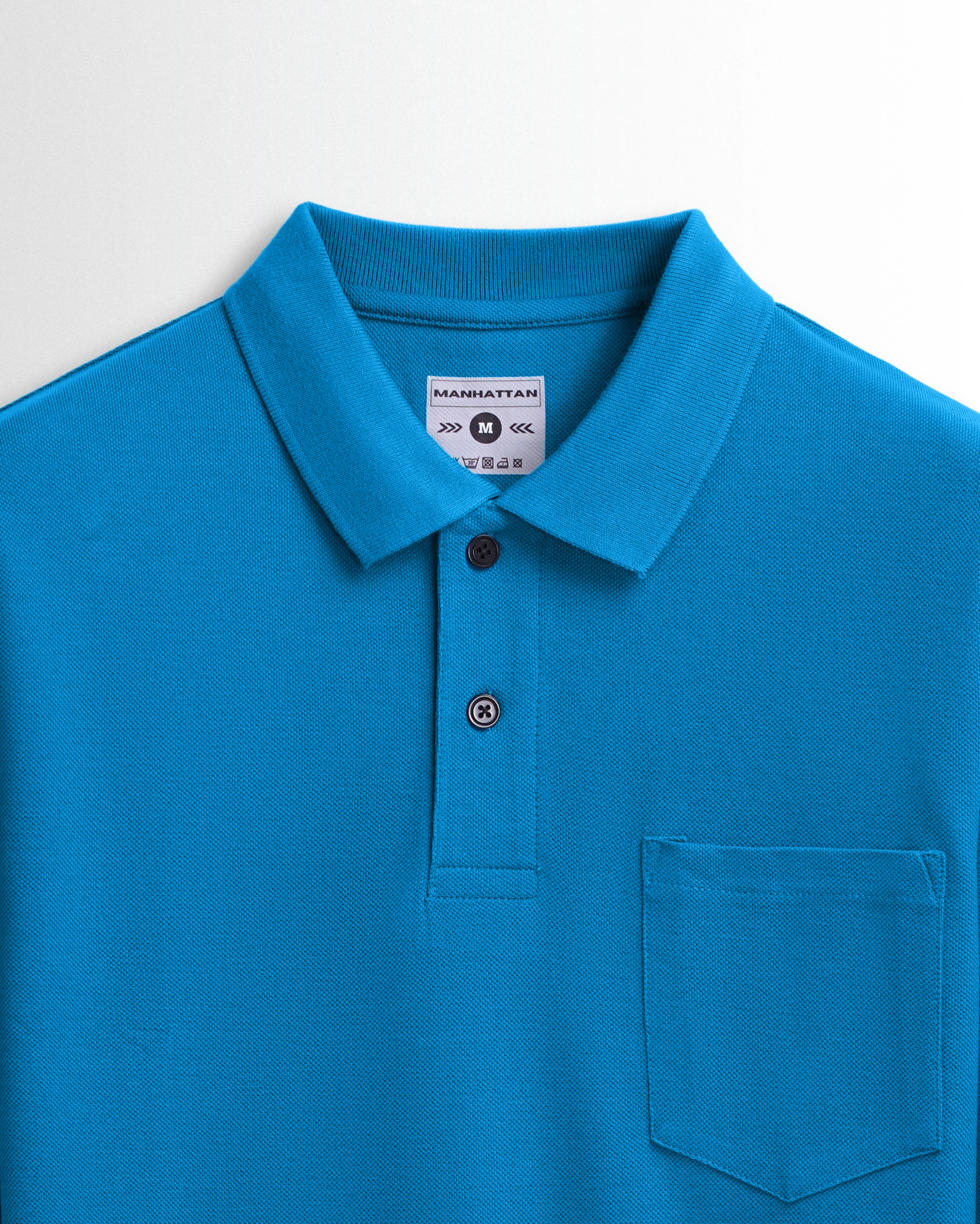 Cotton Polo Full Sleeve Unisex Turquoise Blue Pocket - Image 2