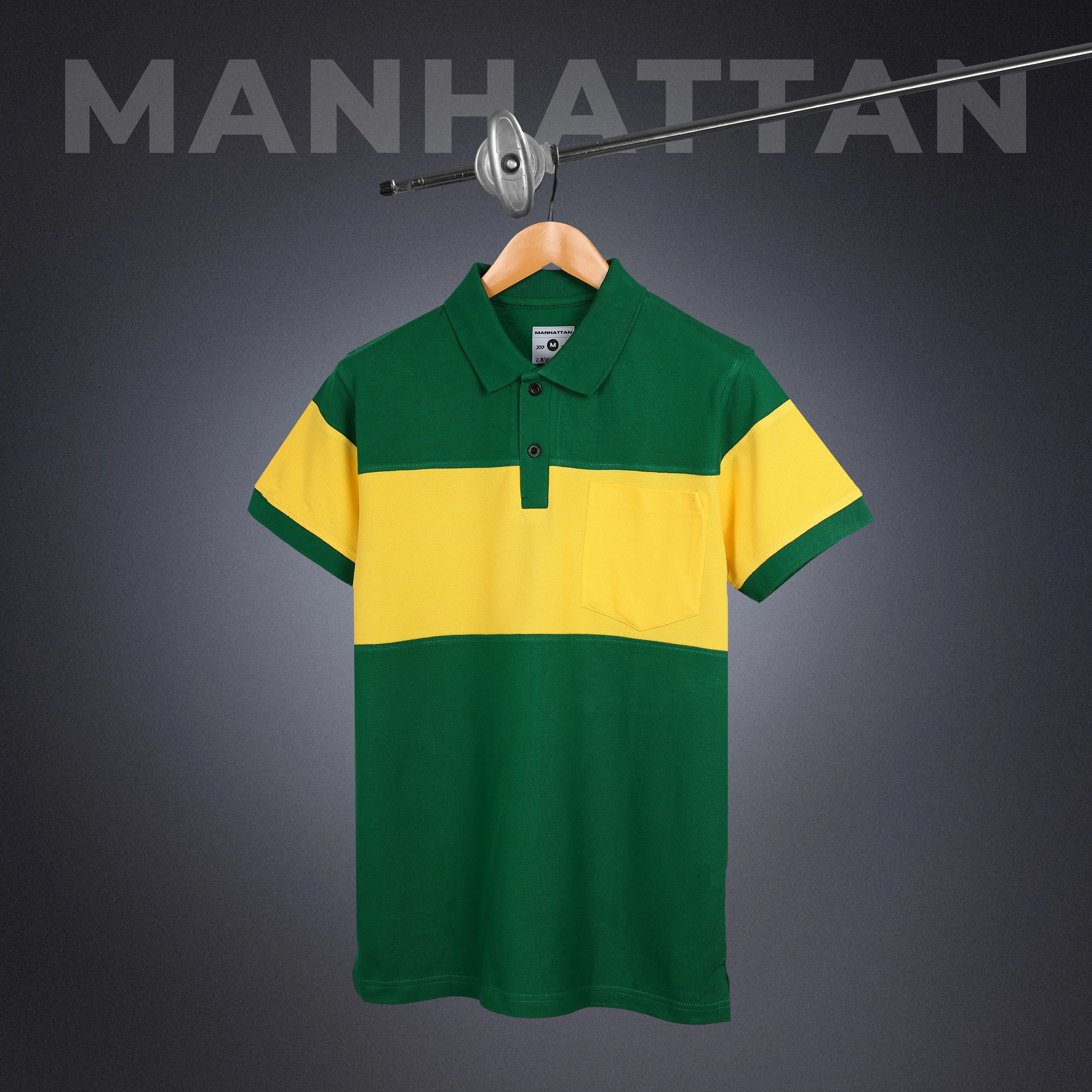 Pure Cotton Polo Pocket T shirts (Yellow/Green) Cut & Sew - Image 3